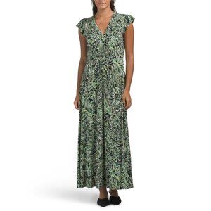 LONDON TIMES Black/Green Flutter Sleeve Smocked V-neck Maxi Dress